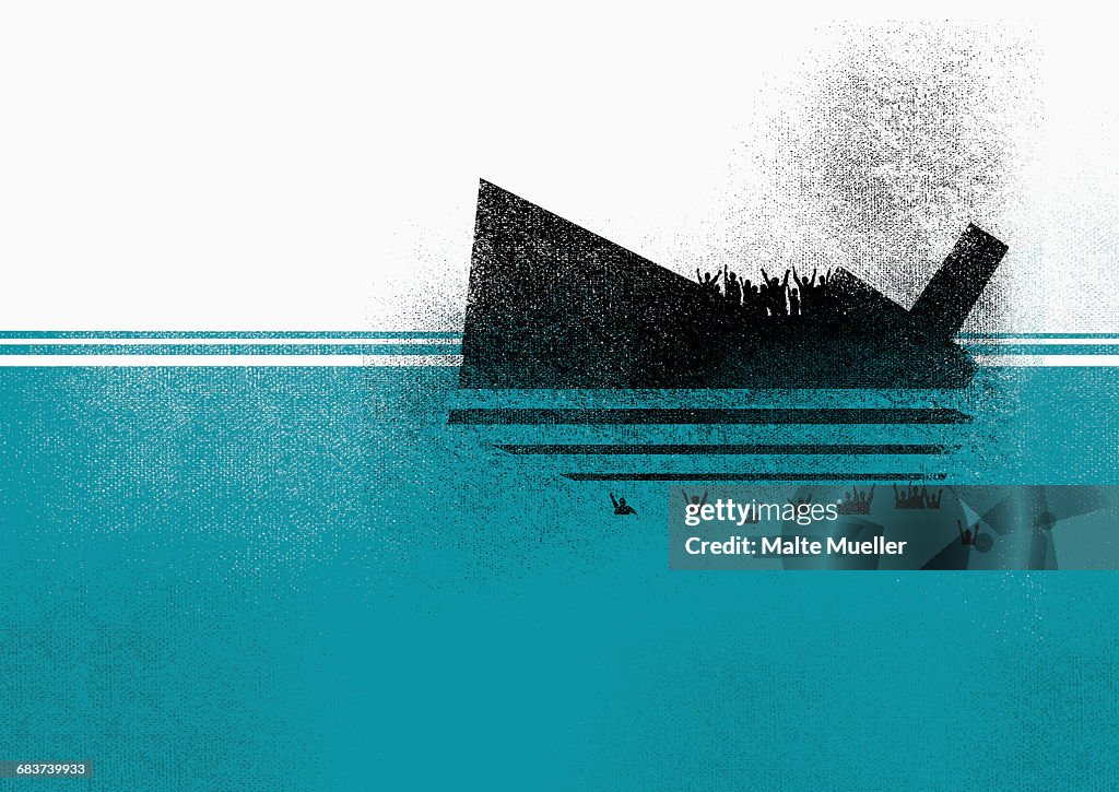 Illustration of sinking ship and people in sea