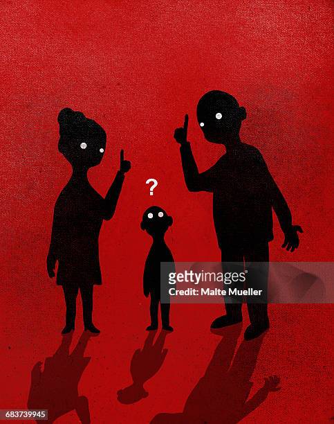 illustration of parents explaining to boy against red background - woman son stock illustrations