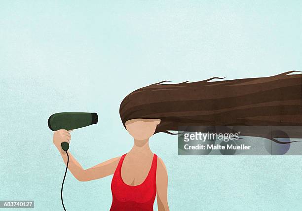 stockillustraties, clipart, cartoons en iconen met illustration of woman drying long hair with blow dryer against blue background - hair dryer