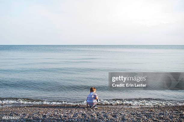 rear view of small boy crouching and playing at lake ontario, oshawa, canada - oshawa 個照片及圖片檔