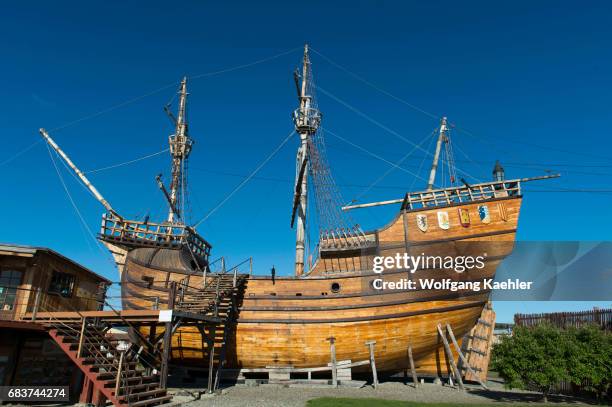 The Nao Victoria Replica ship in the Museum Museo Nao Victoria in Punta Arenas, a city on the Strait of Magellan in southern Chile.