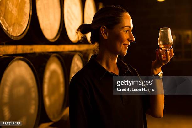 female taster looking at the colour of whisky in glass at whisky distillery - whisky distillery stock-fotos und bilder