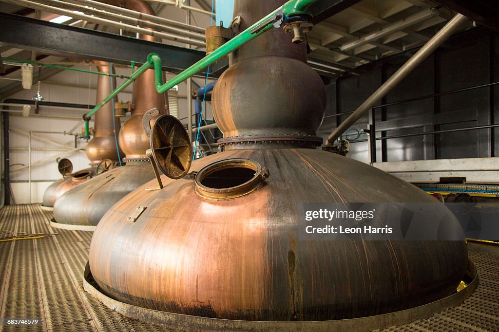 Copper whisky stills in whisky distillery