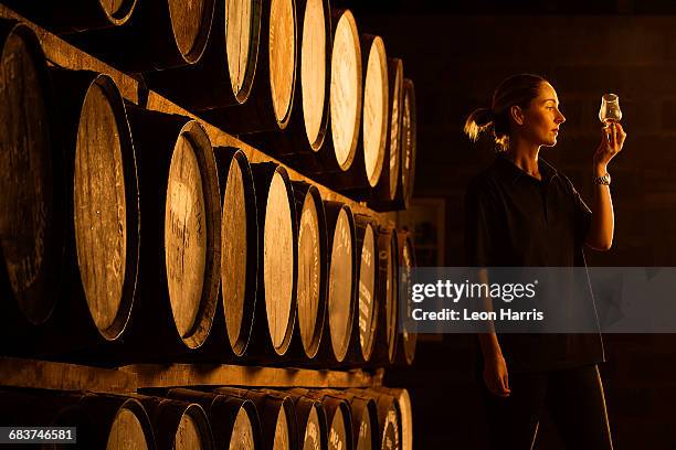 female taster looking at the colour of whisky in glass at whisky distillery - whisky distillery stock pictures, royalty-free photos & images