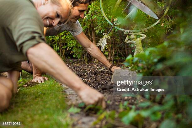 happy couple gardening together in garden - rensa ogräs bildbanksfoton och bilder