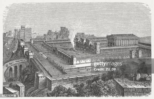 ilustrações de stock, clip art, desenhos animados e ícones de solomon's temple in jerusalem, visual reconstruction, wood engraving, published 1880 - sinagoga