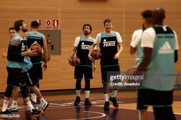 Sergio Llull and Luka Doncic of Real Madrid attend a training session before a press conference as part of Media Day ahead of 2017 Turkish Airlines...