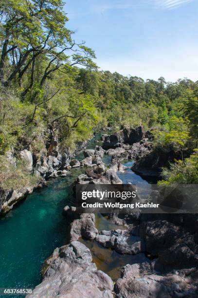 The Petrohue River in Vicente Perez Rosales National Park near Puerto Varas and Puerto Montt in the Lake District in southern Chile.