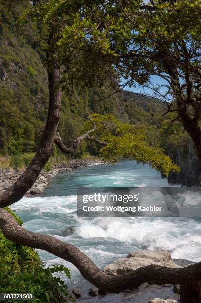 The Petrohue River in Vicente Perez Rosales National Park near Puerto Varas and Puerto Montt in the Lake District in southern Chile.