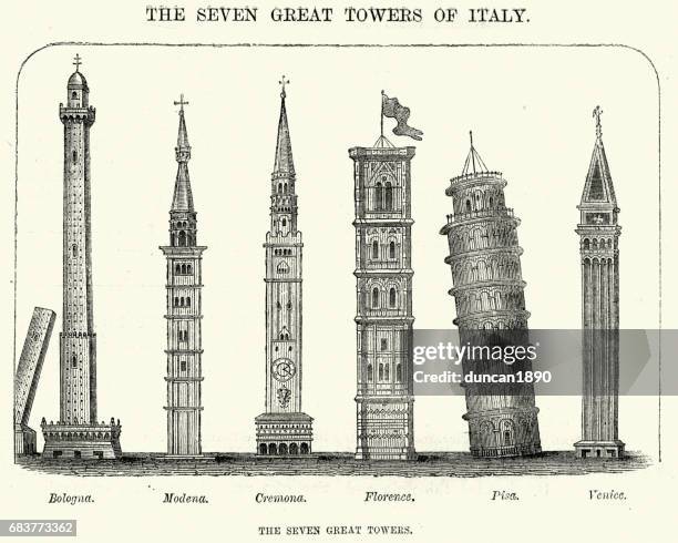 illustrazioni stock, clip art, cartoni animati e icone di tendenza di sette grandi torri d'italia - tradizione italiana