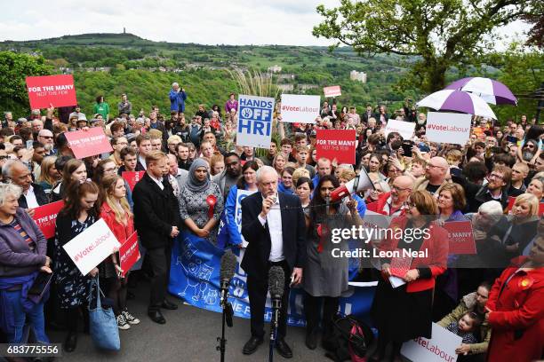 Leader of the Labour Party Jeremy Corbyn addresses the crowd at a campaign rally in Beaumont Park after launching the Labour Party Election Manifesto...