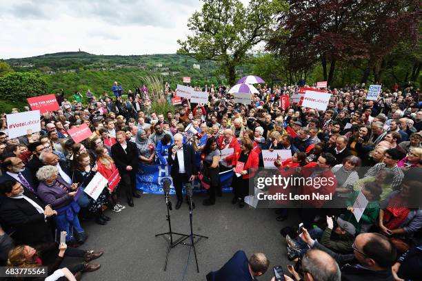 Leader of the Labour Party Jeremy Corbyn addresses the crowd at a campaign rally in Beaumont Park after launching the Labour Party Election Manifesto...