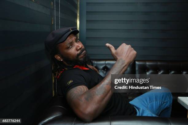 Cricketer Chris Gayle during special dinner for Royal Challengers Bangalore teammates by Virat Kohli at his new restaurant Nueva, RK Puram on May 12,...