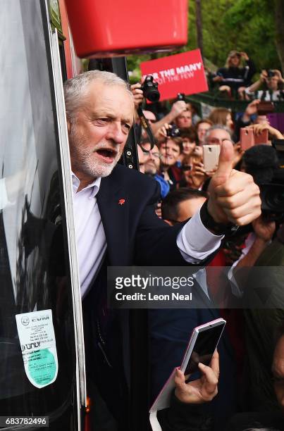 Leader of the Labour Party Jeremy Corbyn acknowledges supporters after attending a campaign rally in Beaumont Park after launching the Labour Party...