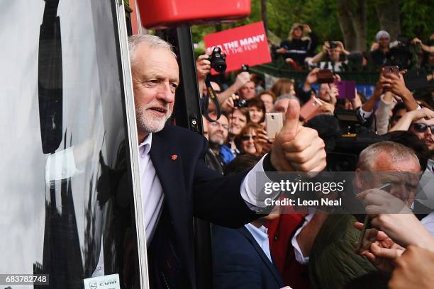 Leader of the Labour Party Jeremy Corbyn acknowledges supporters after attending a campaign rally in Beaumont Park after launching the Labour Party...