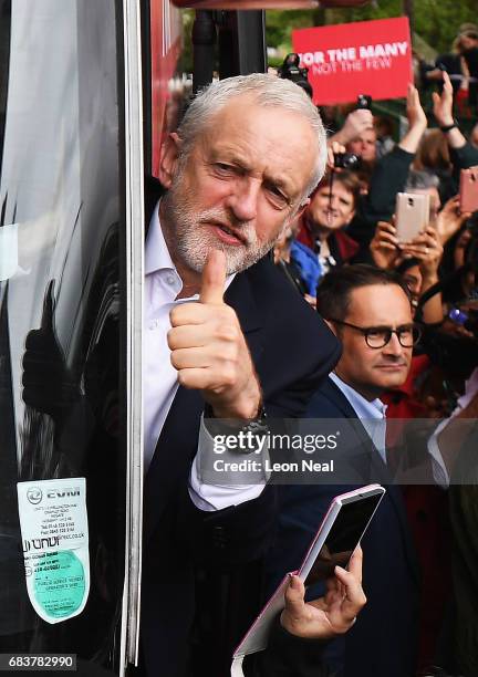 Leader of the Labour Party Jeremy Corbyn acknowledges supporters after attending a campaign rally in Beaumont Park after launching the Labour Party...