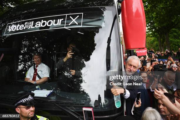 Leader of the Labour Party Jeremy Corbyn acknowledges supporters after attending a campaign rally in Beaumont Park after launching the Labour Party...