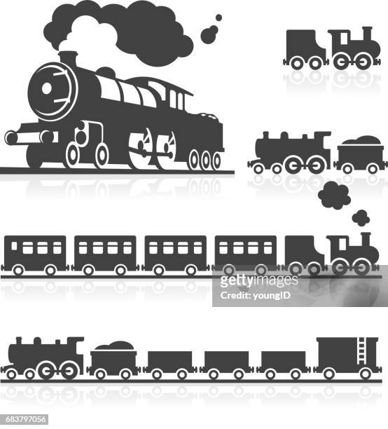 europäische steam train-icon-set - vintage logo stock-grafiken, -clipart, -cartoons und -symbole