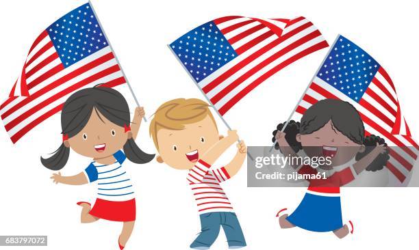 ilustraciones, imágenes clip art, dibujos animados e iconos de stock de niños con banderas americanas - niños-africanos-negros-sonriendo