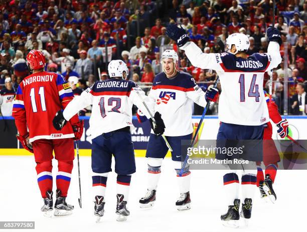 Kevin Hayes of the USA is congratulated after scoring the third goal during the Russia v USA 2017 IIHF Ice Hockey World Championship match at Lanxess...