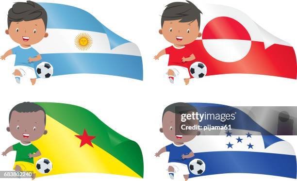 world flags and children soccer - flag waving vector stock illustrations