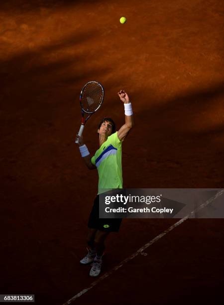 Aljaz Bedene of Great Britain serves during his second round match against Novak Djokovic of Serbia in The Internazionali BNL d'Italia 2017 at Foro...