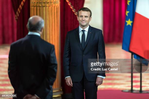 President of the French Constitutional Council, Laurent Fabius and Emmanuel Macron attend Emmanuel Macron Officially Inaugurated as French President...