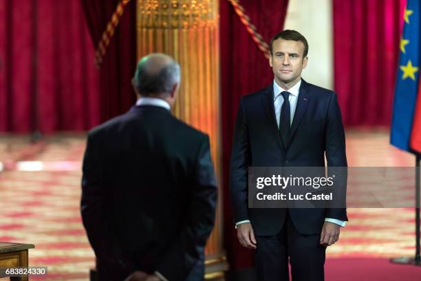 President of the French Constitutional Council, Laurent Fabius and Emmanuel Macron attend Emmanuel Macron Officially Inaugurated as French President...