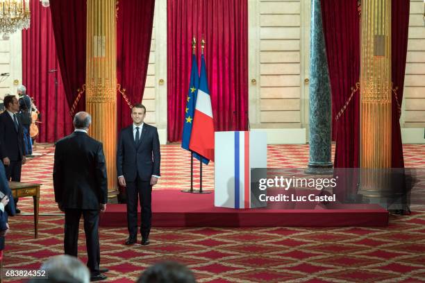 President of the French Constitutional Council, Laurent Fabius and Emmanuel Macron attend Emmanuel Macron Officially Inaugurated as French President...