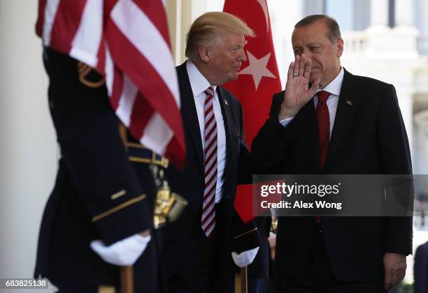 President Donald Trump welcomes President Recep Tayyip Erdogan of Turkey outside the West Wing of the White House May 16, 2017 in Washington, DC....