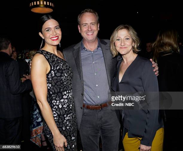 S Party at Del Posto Celebrating NBC's New Season -- Pictured: Mandy Moore, "This Is Us"; Robert Greenbelt, Chairman, NBC Entertainment; Edie Falco,...