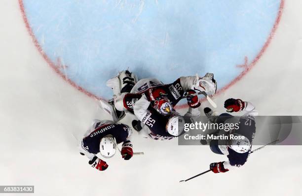 Jimmy Howard of the USA celebrates victory with his tem mates after the 2017 IIHF Ice Hockey World Championship game between Russia and USA at...