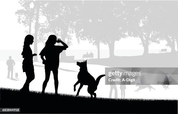 dog park spielen - silhouette mädchen rennen stock-grafiken, -clipart, -cartoons und -symbole