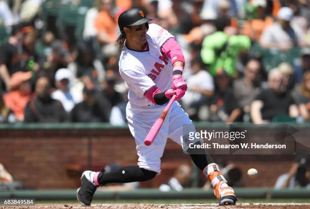 Michael Morse of the San Francisco Giants bats against the Cincinnati Reds in the bottom of the first inning at AT&T Park on May 13, 2017 in San...