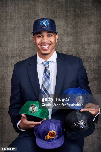 Draft prospects Jayson Tatum poses with draft caps for portraits prior to the 2017 NBA Draft Lottery at the NBA Headquarters in New York, New York....