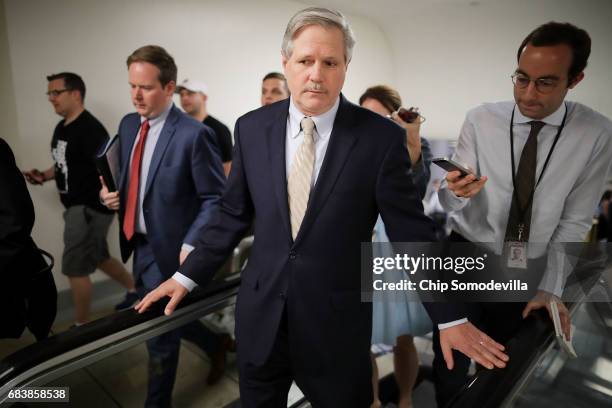 Sen. John Hoven talks with reporters as he heads for his party's weekly policy luncheon at the U.S. Capitol May 16, 2017 in Washington, DC. Many...