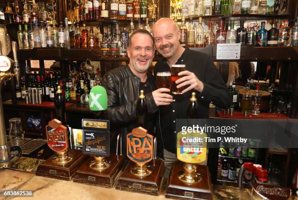Radio X presenters Chris Moyles and Dominic Byrne attend the launch of Greene King's new ale, Amplified, produced in partnership with Radio X at The...
