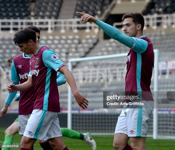 Antonio Martinez of West Ham United celebrates his equalising goal during the Premier League 2 Play Off Final between Newcastle United and West Ham...