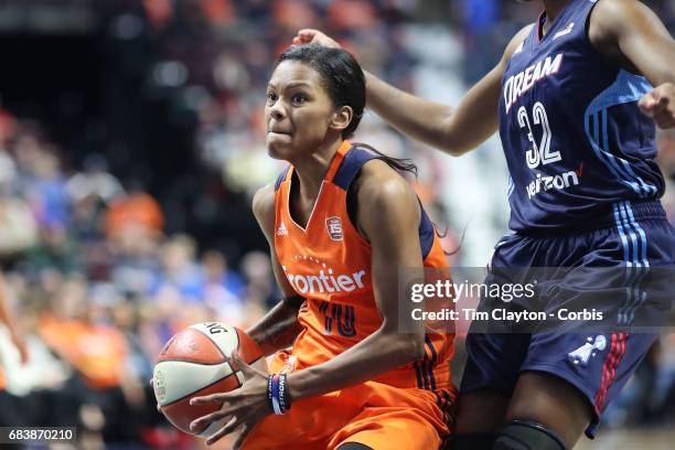 May 13: Guard Courtney Williams of the Connecticut Sun defended by guard Brianna Kiesel of the Atlanta Dream during the Connecticut Sun Vs Atlanta...