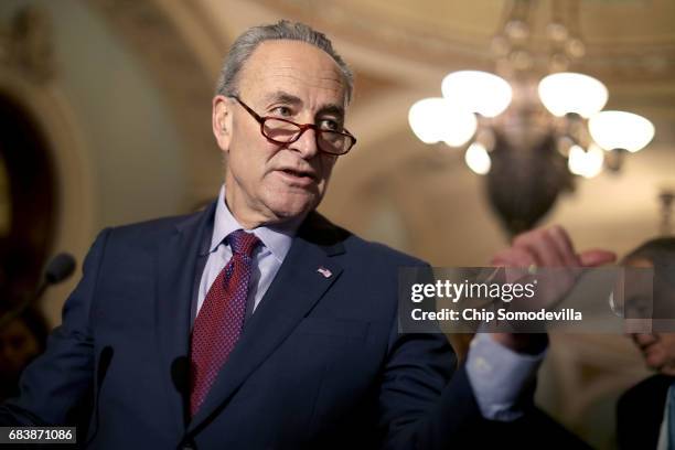 Senate Minority Leader Charles Schumer talks to reporters following his party's weekly policy luncheon at the U.S. Capitol May 16, 2017 in...