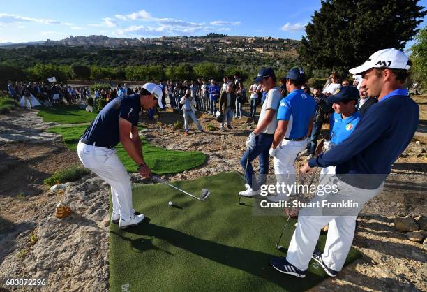 Matteo Manassero of Italy plays a shot during a Ryder Cup Rome 2022 promotion event at the Valley of the Temples prior to the start of The Rocco...