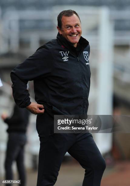 West Ham Academy Director Terry Westley smiles after West Ham's second goal during the Premier League 2 Play-Off Match between Newcastle United and...