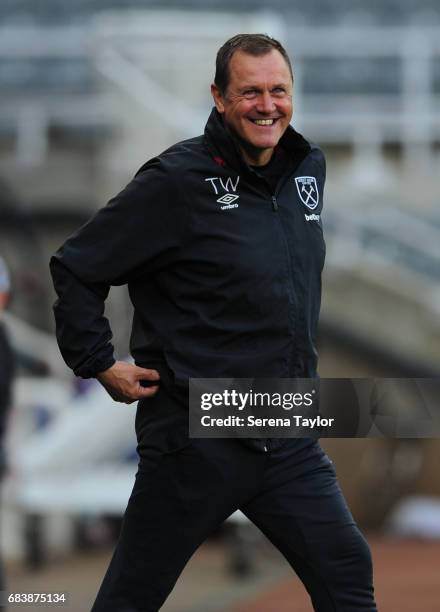 West Ham Academy Director Terry Westley smiles after West Ham's second goal during the Premier League 2 Play-Off Match between Newcastle United and...