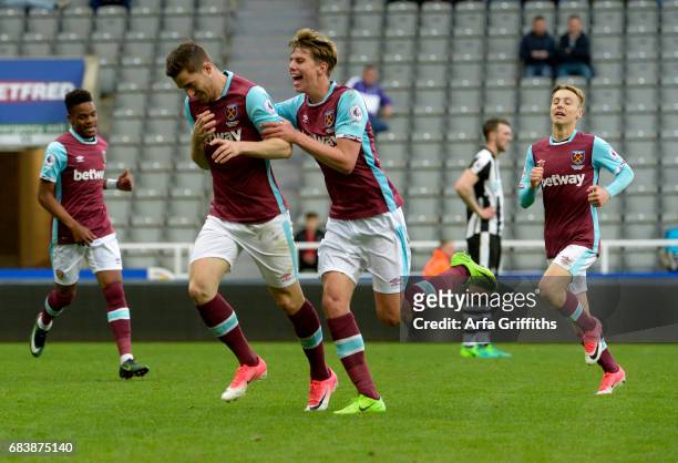 Antonio Martinez of West Ham United celebrates his second goal with Martin Samuelsen during the Premier League 2 Play Off Final between Newcastle...