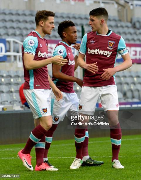 Antonio Martinez of West Ham United celebrates his second goal with Grady Diangana and Declan Rice during the Premier League 2 Play Off Final between...