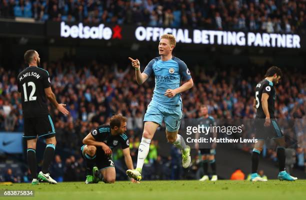 Kevin De Bruyne of Manchester City celebrates scoring his sides second goal during the Premier League match between Manchester City and West Bromwich...
