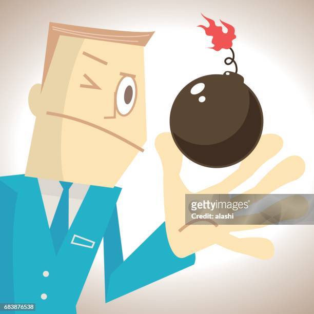 businessman (man, politician) pinching (holding) a bomb with no fear - flame emoji stock illustrations