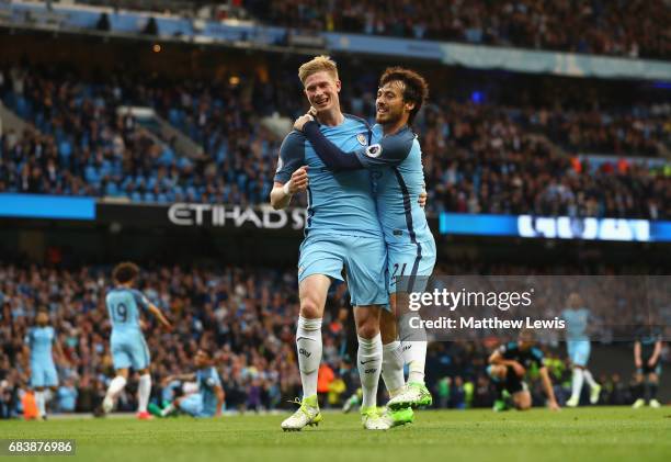 Kevin De Bruyne of Manchester City celebrates scoring his sides second goal with David Silva of Manchester City during the Premier League match...