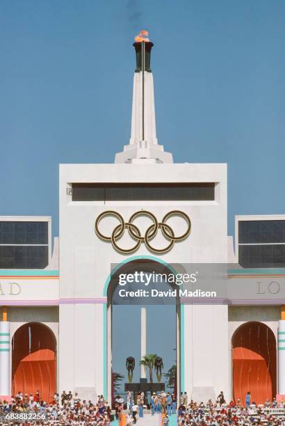 General view of the Los Angeles Memorial Coliseum during the track and field competition of the 1984 Summer Olympics during August 1984 in Los...