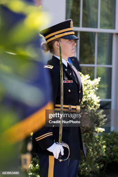 An Honor Guard stands ready for the arrival of Crown Prince Muhammad bin Zayid Al Nuhayyan of Abu Dhabi, at the West Wing Portico of the White House,...